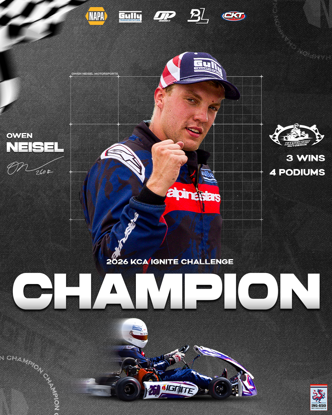 Championship graphic: Owen Neisel, 2026 KCA Ignite Challenge Champion &mdash; 3 wins, 4 podiums