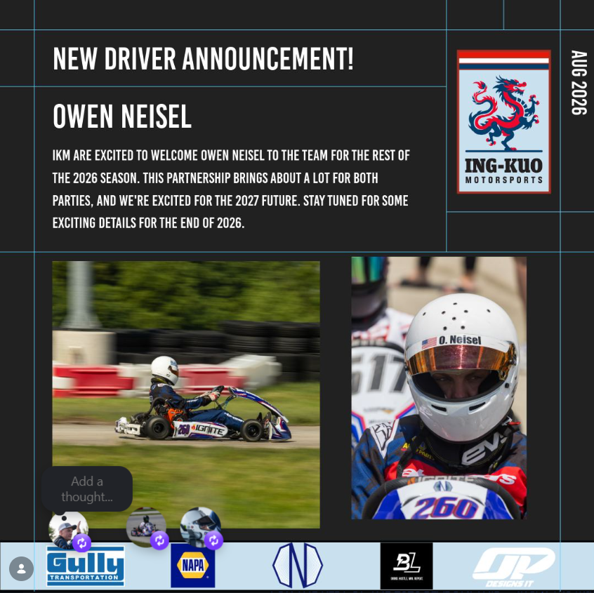 New driver announcement graphic: Owen Neisel joins Ing-Kuo Motorsports (IKM) for the rest of the 2026 season